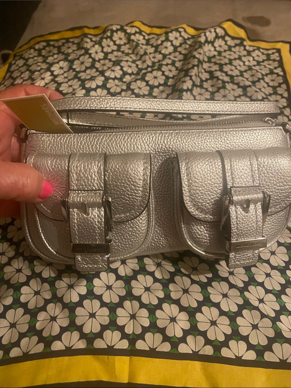 Michael Kors Metallic Silver Leather Shoulder Bag with Double Buckle Pockets